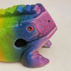 Pelangi Frog Guiro - 5" -CARVED CULTURE Sale Wooden Rainbow Coloured Frog Guiro Close Up of Face